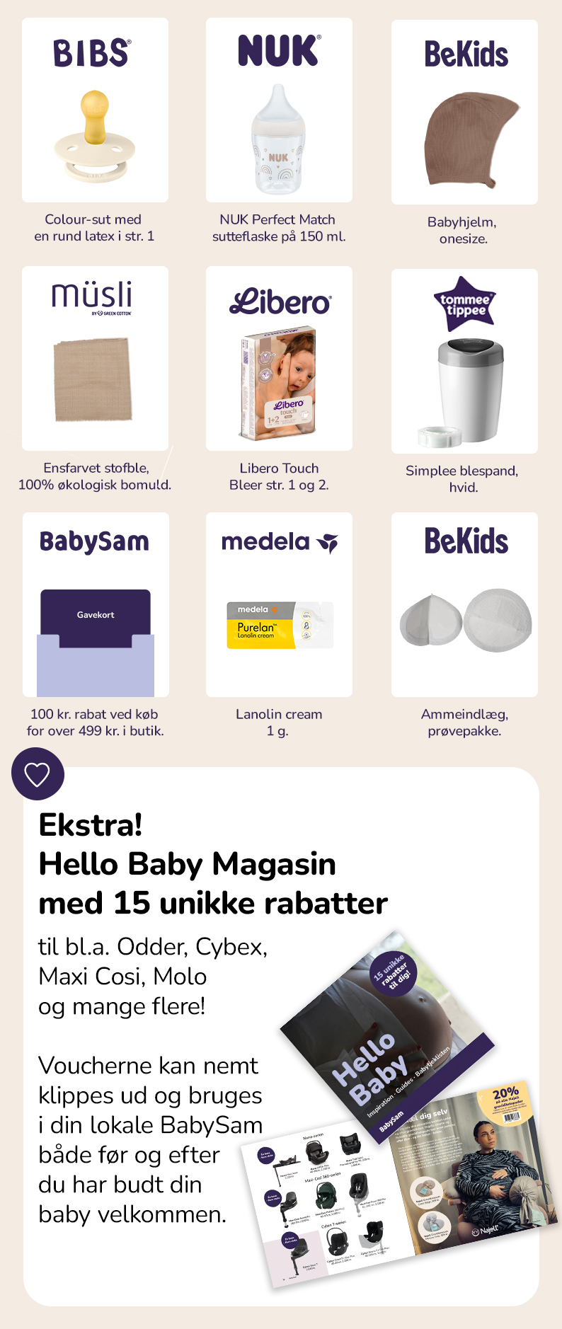 Smugkig produkterne i babypakken fra BabySam