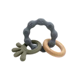 Biderangle i silikone m.blæksprutte og træ vedhæng - Grå