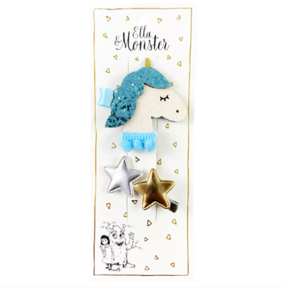 Hårclips Big Romantic Unicorn Star Blue