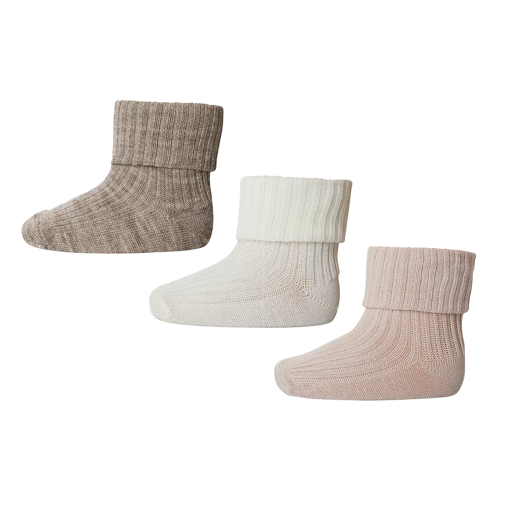 Uld rib baby strømpe 3 pak - Light Brown Melange - 17/18