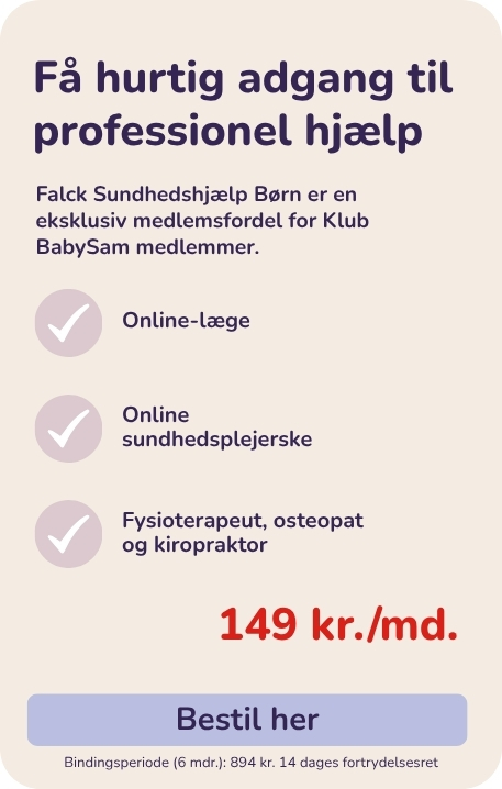 Informationsboks om Falck Sundhedshjælp Børn med pris på 149 kr. om måneden, eksklusiv medlemsfordel i Klub BabySam og hurtig adgang til professionel hjælp.