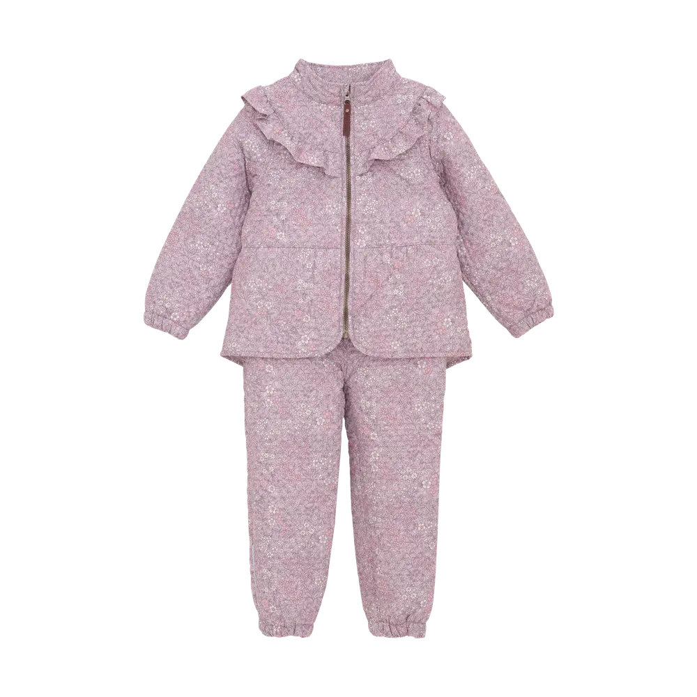 En Fant Termosæt Cloud Gray Med Blomsterprint Og Flæser - Str. 4y 104cm