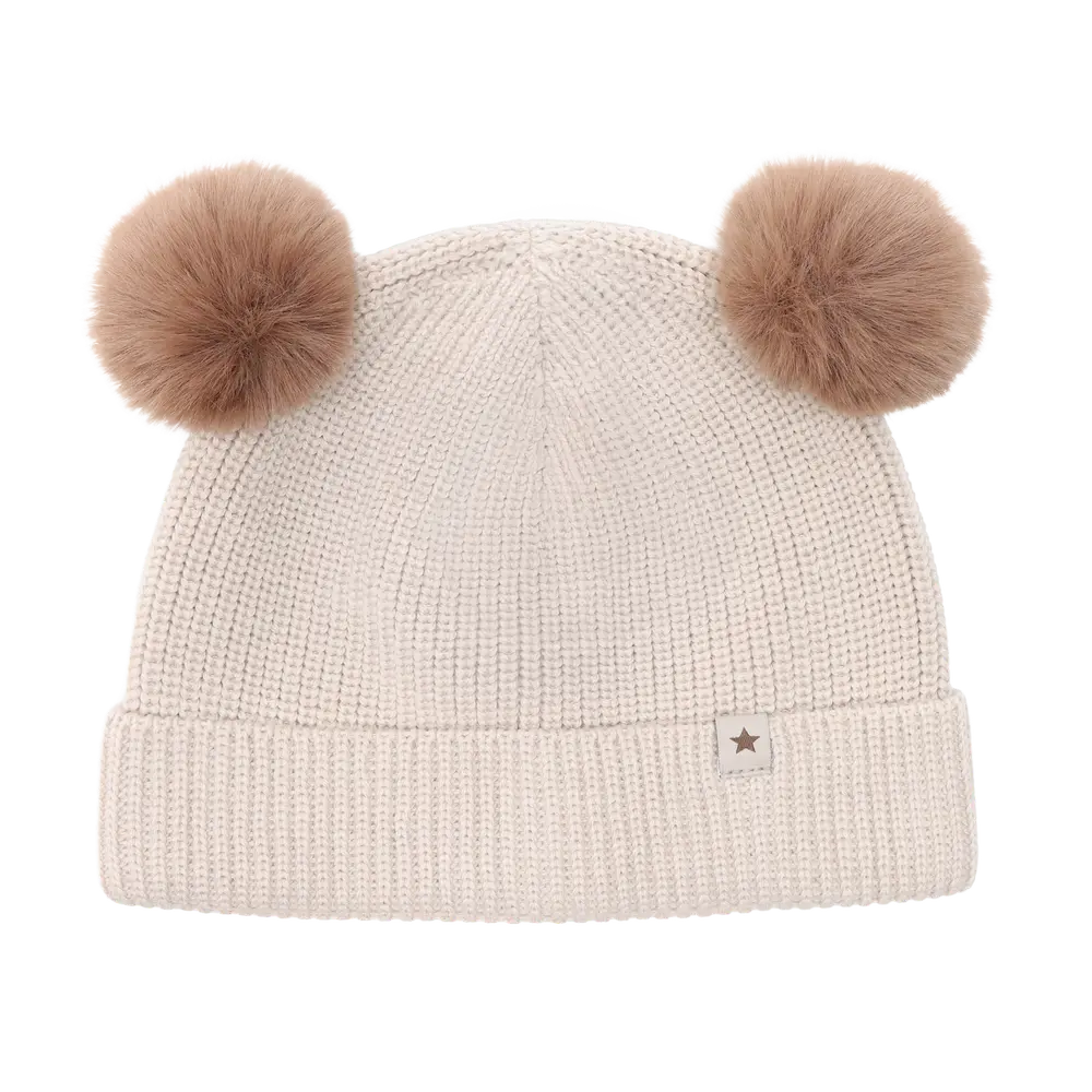Huttelihut Uldstrikket Hue m. Pompoms - Sand Melange - 48