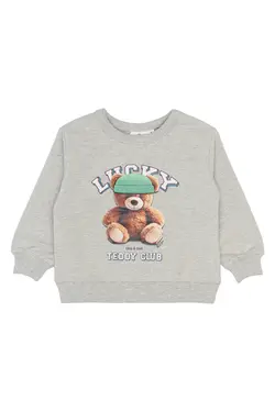 The New Siblings Sweatshirt Lysegrå Melange Med Teddy Print - Str. 2y 92cm