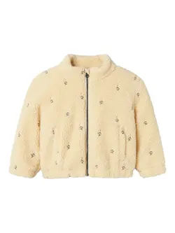 Lil Atelier Teddyjakke Bleached Sand Med Blomsterbroderi - Str. 6y 116cm