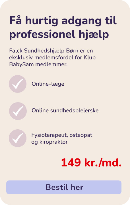 Informationsboks om Falck Sundhedshjælp Børn med pris på 149 kr. om måneden, eksklusiv medlemsfordel i Klub BabySam og hurtig adgang til professionel hjælp.