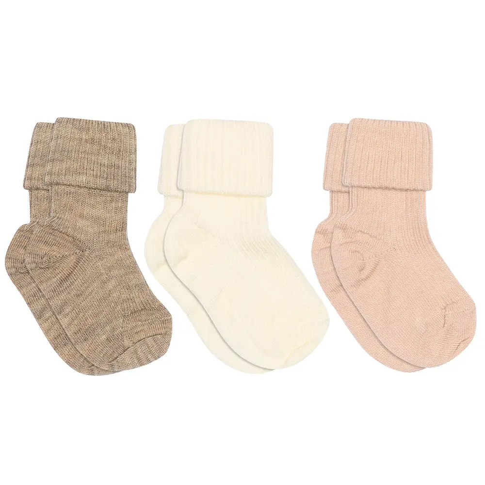 Uld rib baby strømpe 3 pak - Light Brown Melange - 22/24