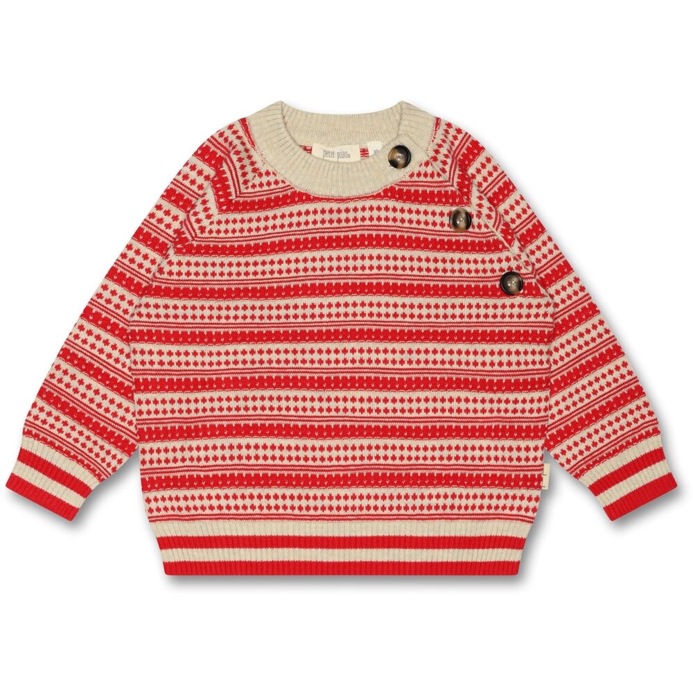 O-Neck Light Nordic Knit Sweater - Off White/ Bright Red - 104