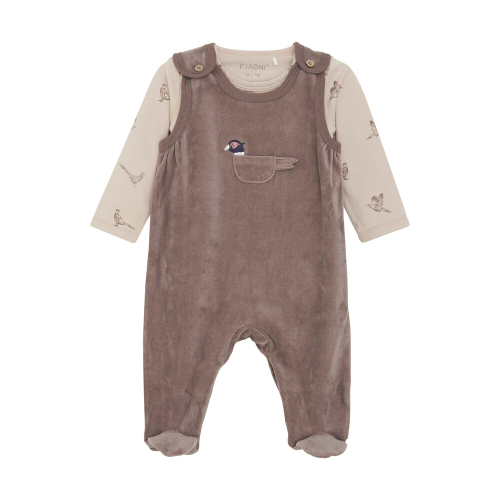 Sæt m. body og velour Sparkedragt - Deep Taupe - 62