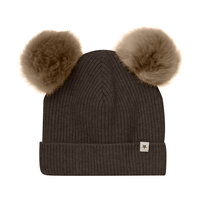 Hat Knit m. Alpaca Pompoms - Dark Brown Melange