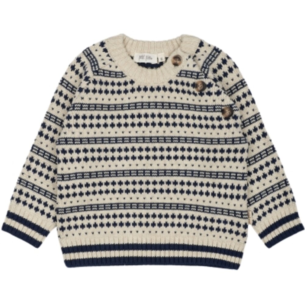 PETIT PIAO O-Neck Light Nordic Knit Sweater - Off white/deep cobalt 98